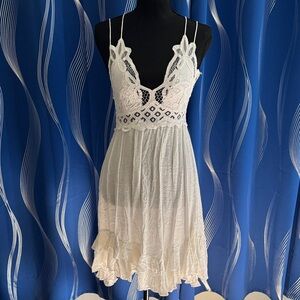 Free People Ivory Lace Chemise with Ruffle Hem